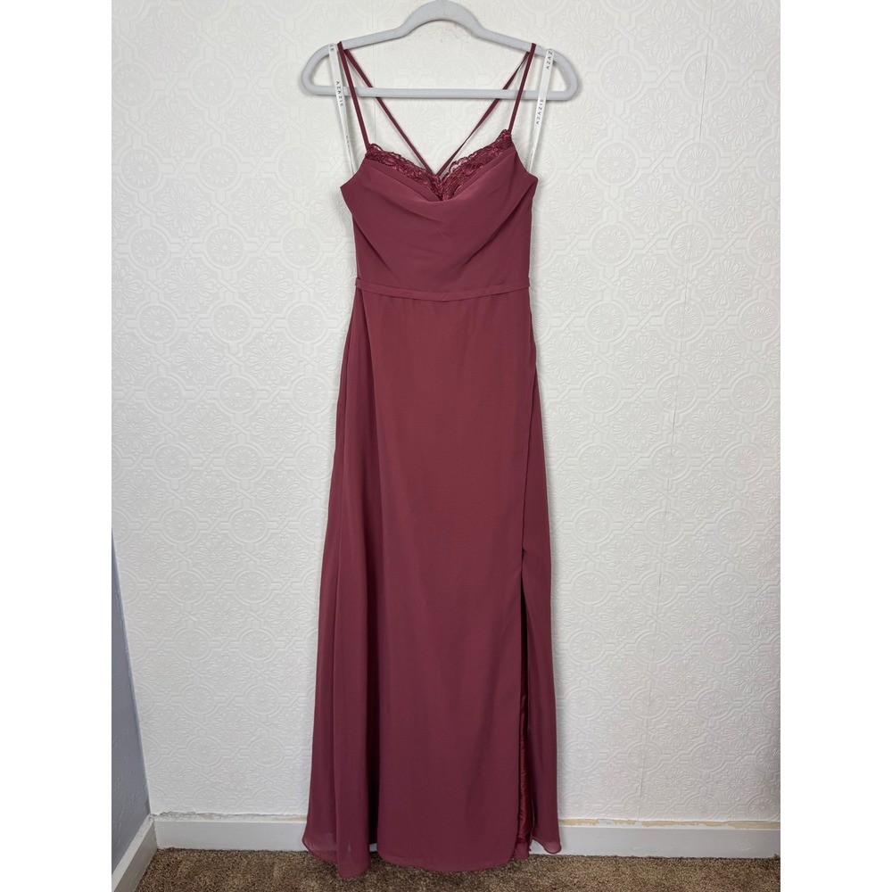 Azazie Cabernet Cowl Neck Lace Trim Chiffon Maxi Bridesmaid Dress Size A0